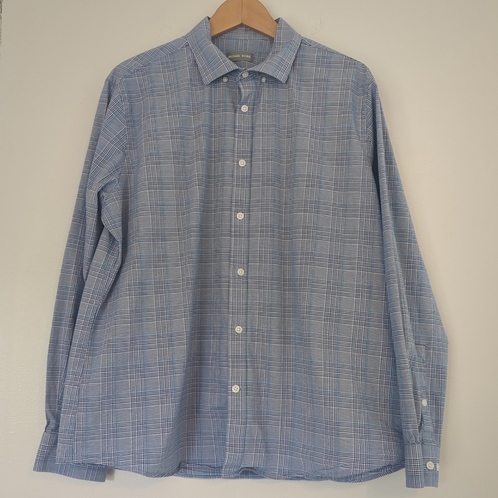Michael Kors Shirt XL Slim Short Blue Button Long Sleeve Cotton Preppy Business